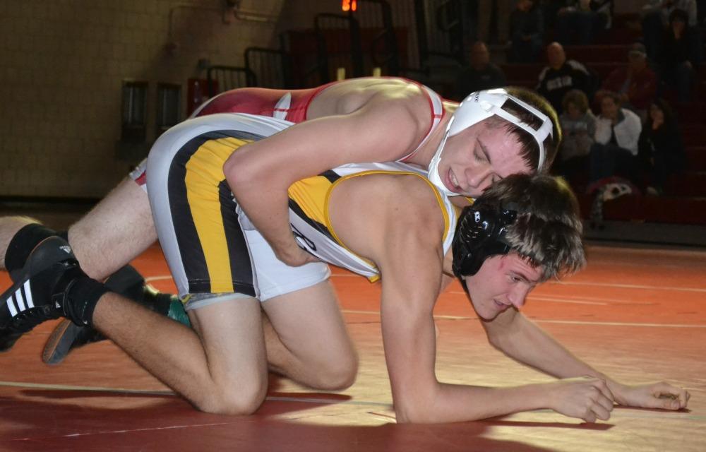 Sophomore+Levi+Bonzo+wrestles+a+student+from+Southside+in+a+match+on+Jan.+15.