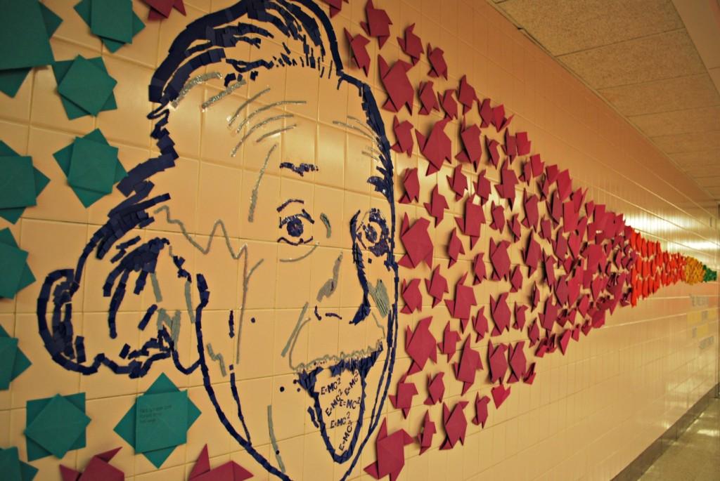 Albert Einstein project in the science wing hallway by Senior Niki Vargo and Juniors Tara Gardner and Morgan Greco.