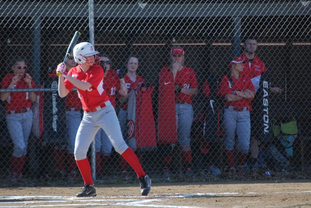 Junior Kristy Sturgess awaits a pitch as her team looks on in a game against Beaver on April 1.
