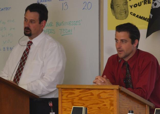 Mr. Deal and Mr. Smith answer questions during FHS Meets the Press.