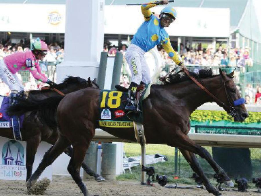 American Pharoah beats out Dortmund and Firing Line to win the Kentucky Derby on May 2.