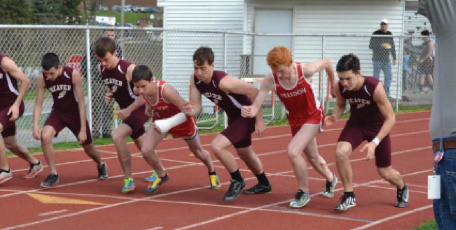 Danny Conrad and Jarrett Boyd start a race at the track meet on April 15.