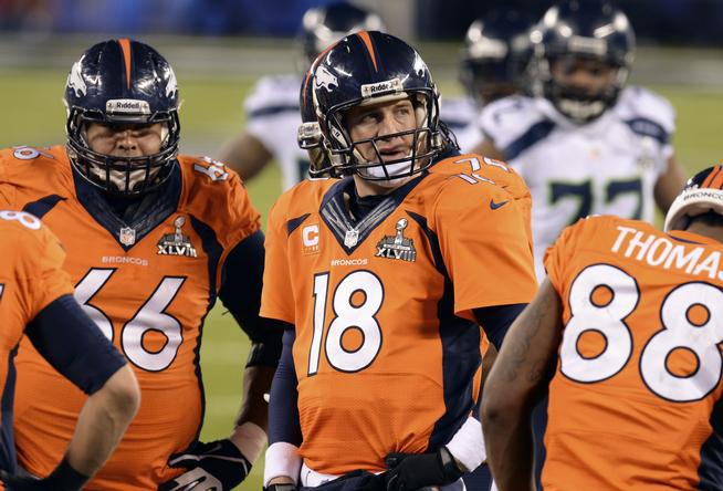 EAST RUTHERFORD, NJ - FEBRUARY 2: Denver Broncos quarterback Peyton Manning (18) during the fourth quarter.  The Denver Broncos vs the Seattle Seahawks in Super Bowl XLVIII at MetLife Stadium in East Rutherford, New Jersey Sunday, February 2, 2014. (Photo by Hyoung Chang//The Denver Post)
