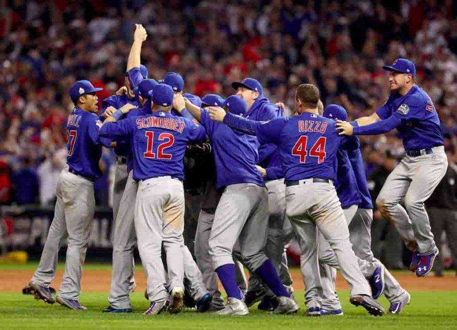 Chicago players, coaches and staff celebrate a World Series victory