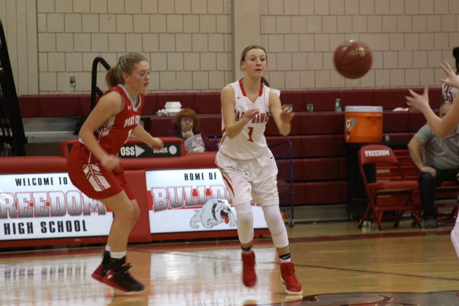 Freshman Morgan Swab catches the ball in the Dec. 15 game against Fort Cherry.