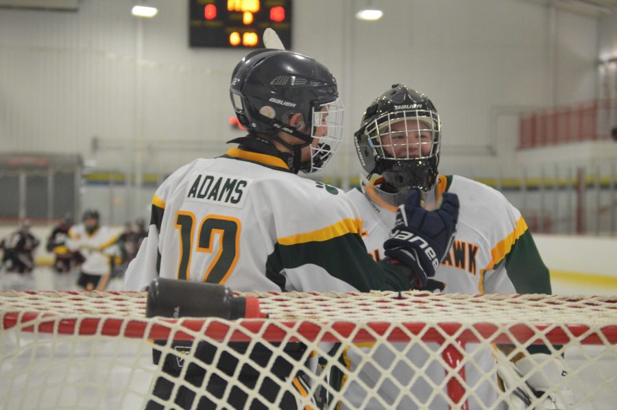 Sophomore Riley Adams encourages sophomore Sam Romutis on Nov. 10 at the home game against Meadville.