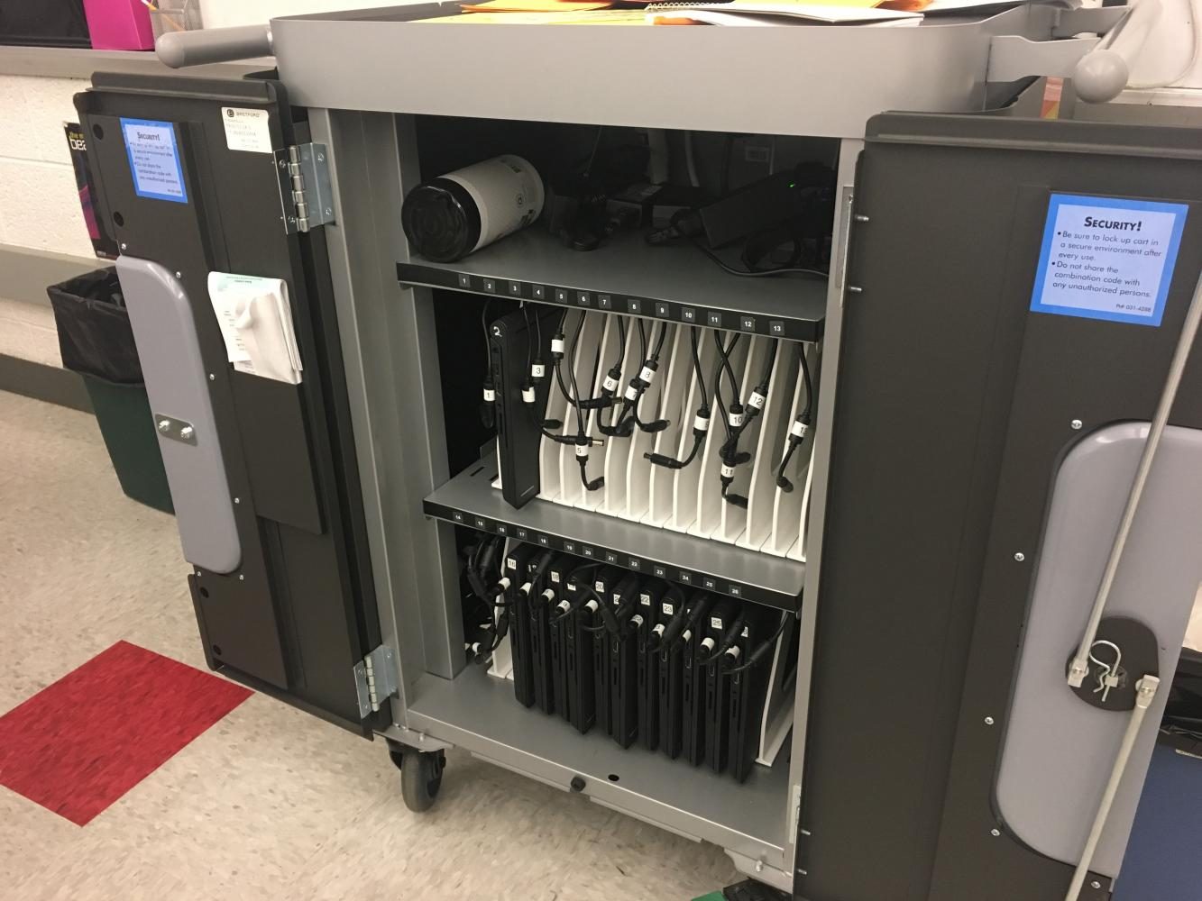 Students in Ms. Carole Hartman’s seventh-grade English class are able to use a Chromebook cart for class assignments and Classroom Diagnostic Tests (CDTs). 