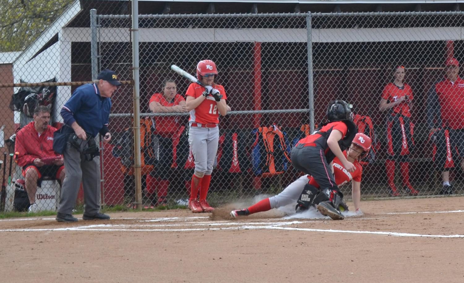 Sophomore catcher Trisha Speicher tags a runner out at home plate during a game on April 21 against Fort Cherry.
