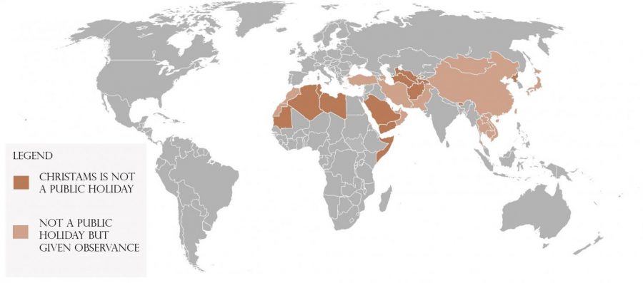 The map shows which countries observe Christmas or do not celebrate the holiday. 