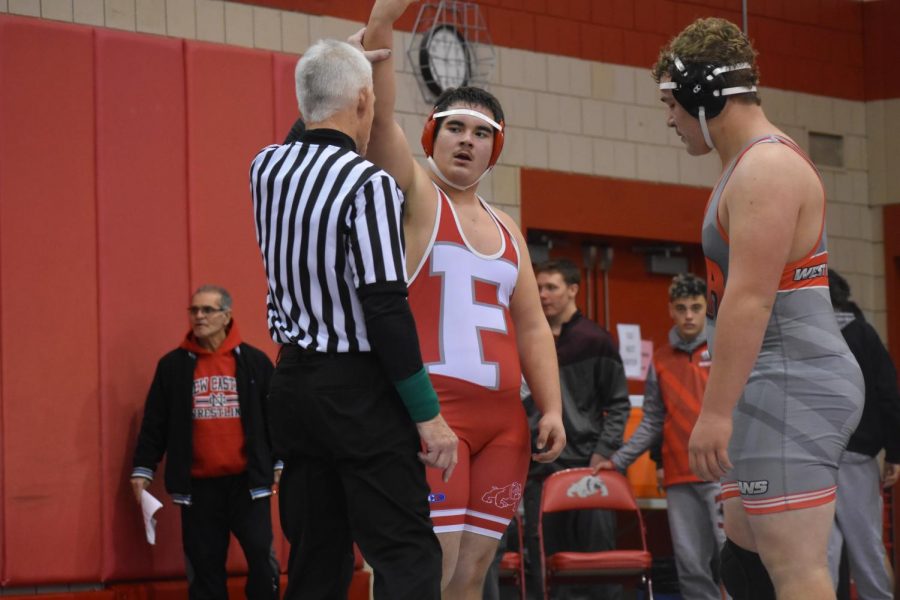 Sophomore Fernando Franco gets his hand raised after winning his match against West Allegheny in the MAC Championship.