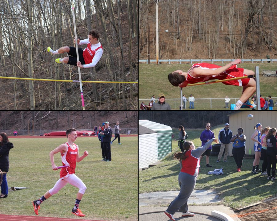 Seniors Ryan Linedeck (top left), Benjamin Wright (top right), Haley Velemirovich (bottom right) and junior Ethan Paxton (bottom left) were some of the many Freedom athletes who attended and competed in the scrimmage at Beaver on March 19.

