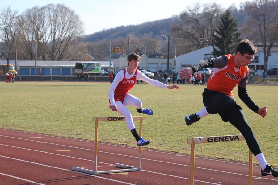 Steven Buerkle clears a hurdle in a race at Beaver Falls on March 29.