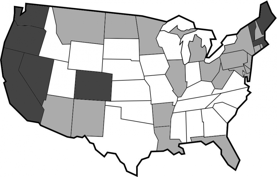 The states that are colored darker are states that currently have fully legalized the recreational use of marijuana, while lighter-colored states have fully enforced bills on the legalization of medical marijuana