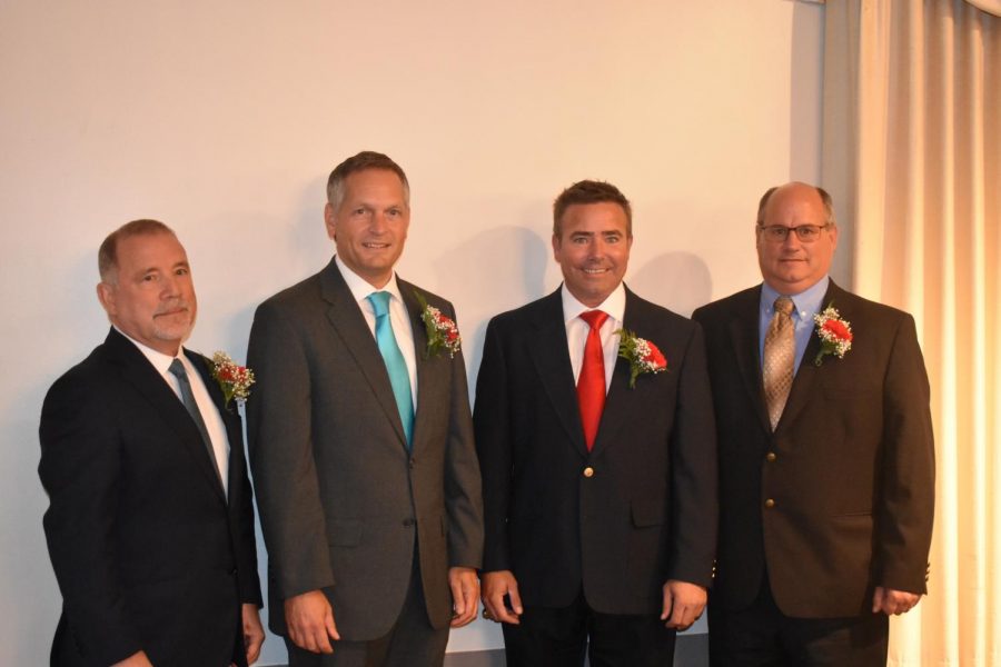 Hall+of+fame+inductees+Robert+Taglieri%2C+Dave+Giordano%2C+Nick+Sabol+and+John+Buerkle+pose+for+photo+before+banquet+dinner+began.