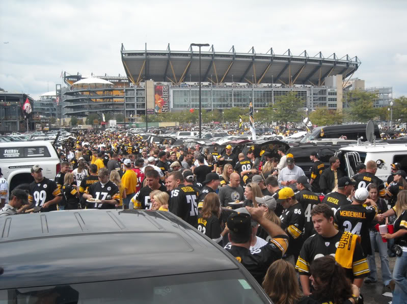 Steelers fans gather in the parking lots near Heinz Field to get ready for the game.