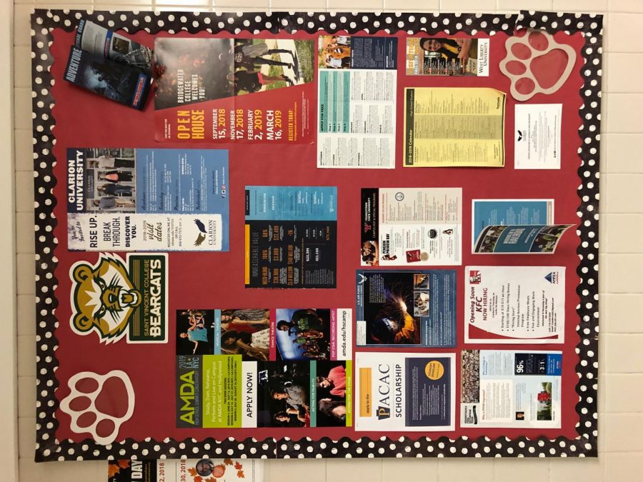 This+bulletin+board+is+filled+with+flyers+of+colleges++and+additional+information+for+those+who+are+interested.+The+board+can+be+found+on+the+main+floor+at+the+high+school.