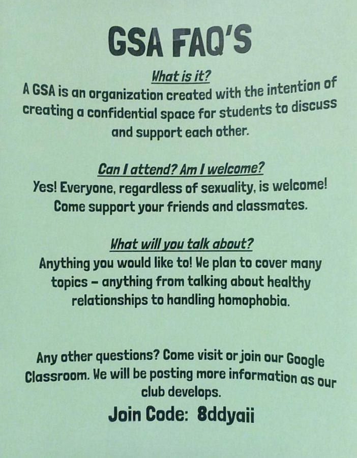 Flyers made by GSA members hang in the halls and include answers to questions people may have about the club.