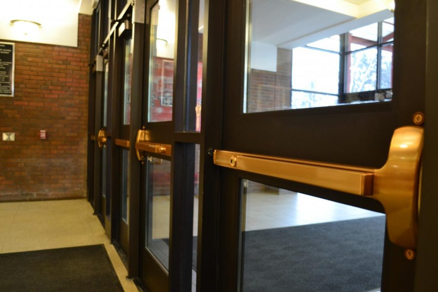  A look at the new lobby doors, which were among those that were recently renovated for easier opening.