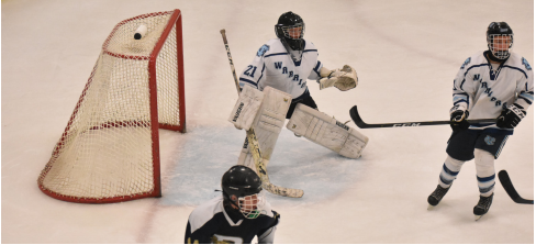 On Jan. 17, senior Samuel Romutis prepares to block an oncoming shot from a Ringgold
player while sophomore Matthew Keller lines up his defense around the net. 