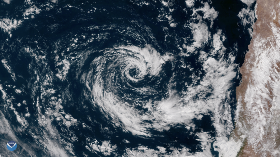 An overview of the rare subtropical storm in Chile shows the storm nearing the coast. 