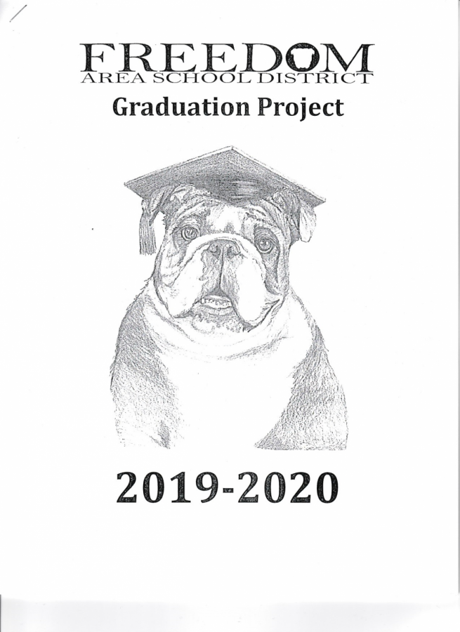 This artwork of a bulldog with a graduation cap on was created by high school art teacher Kaylee Haggerty and is on the front cover of every senior project packet that all the upcoming seniors received.
