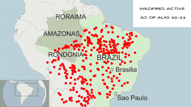 Depicted above is a map of all the fires that took place in the Amazon rainforest on Aug 22-23