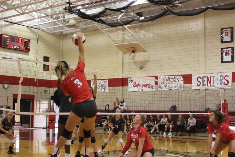 Senior Morgan Swab spikes the volleyball back to the Avonworth team during the second set of the Sept. 4 game.