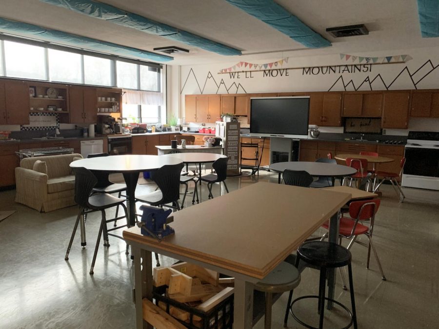 Room 116, the Life Skills classroom, is furnished with couches, high chairs and lighting covers to enhance the classroom experience for the students.