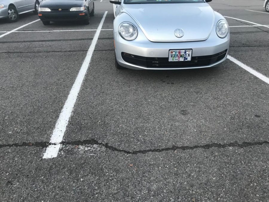 Parking spot numbers in the student lot can be difficult to see, as shown in the photo, possibly causing students to park in the wrong spot. 