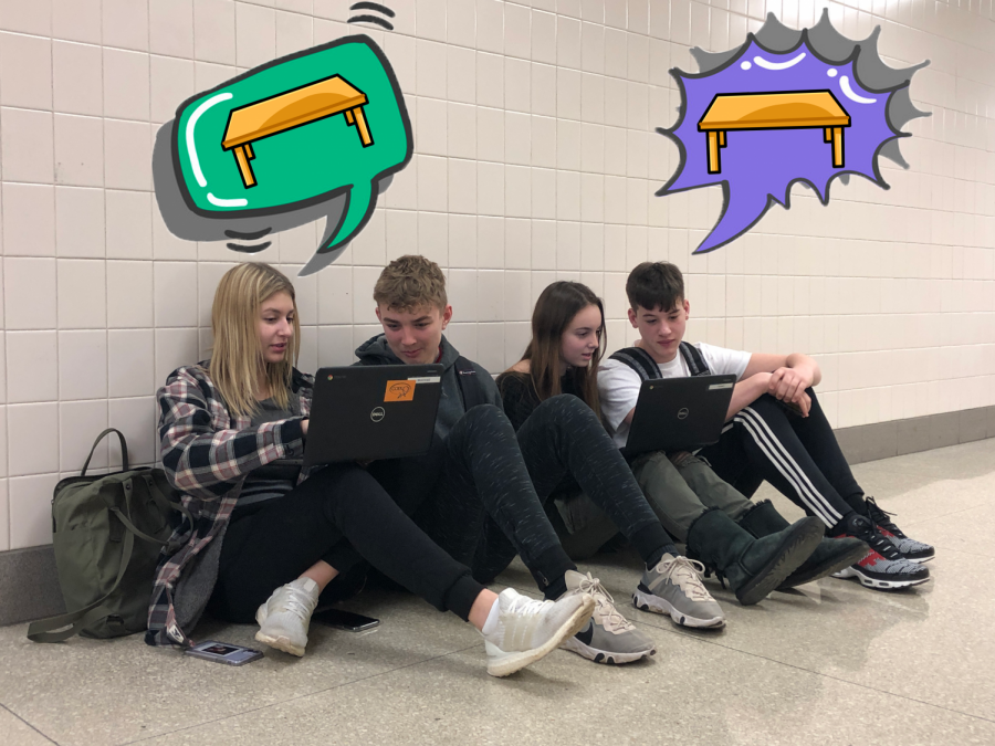 Sophomores Emma Kopac, Tristan Clear, Madison Hill and Max Bozza work on assignments in the hallway during PLT without being able to sit properly with tables and chairs.Sophomores Emma Kopac, Tristan Clear, Madison Hill and Max Bozza work on assignments in the hallway during PLT without being able to sit properly with tables and chairs.