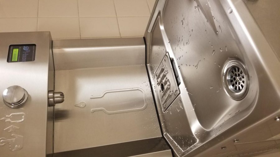 This water fountain, one of three newly installed fountains on campus, is located on the second floor of the high school near the elevator.