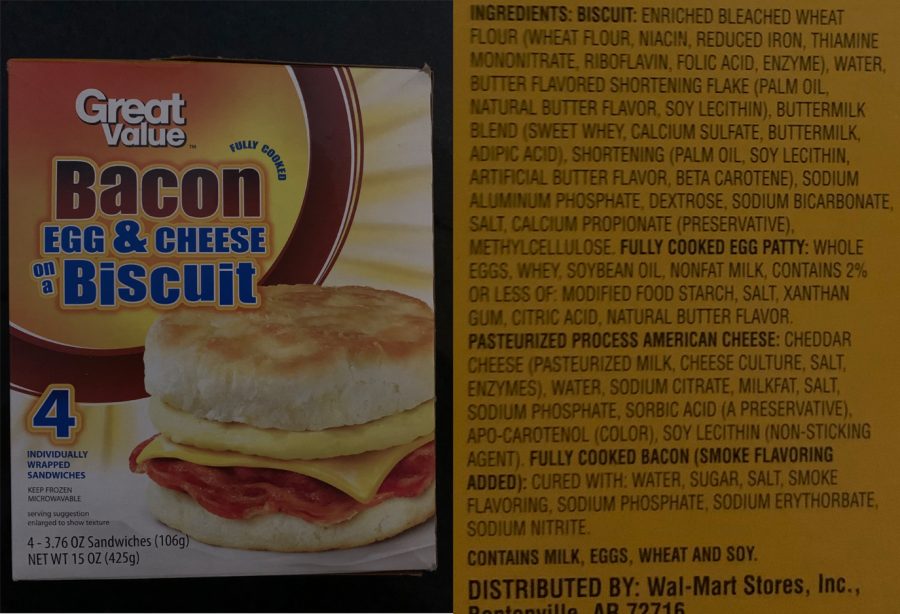 Although many people consider breakfast sandwiches healthy, these are all of the ingredients that can be found in a bacon, egg and cheese biscuit sandwich from Wal-Mart’s Great Value brand.