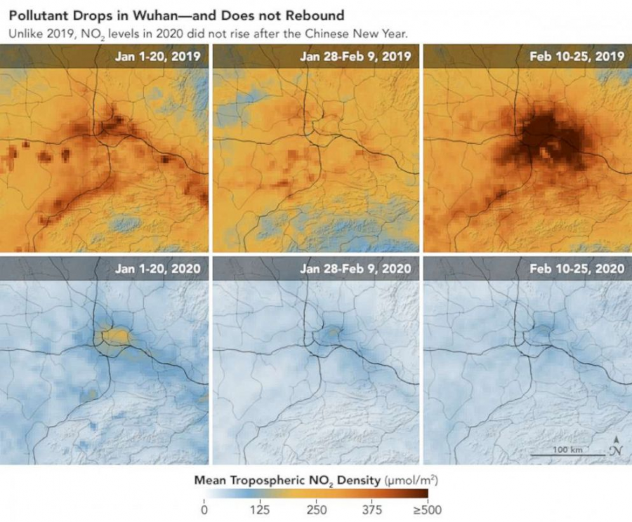 NASA satellites show how COVID-19 isolation caused nitrogen dioxide levels to significantly drop in China in 2020 compared to 2019, putting fewer pollutants out into the environment. 