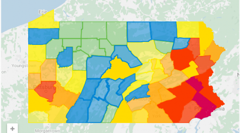 This map shows the amount of cases in each of the counties in Pennsylvania. The darker colored counties are where there are a larger number of cases, whereas the lighter colored counties have been less impacted.