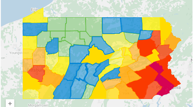 This map shows the amount of cases in each of the counties in Pennsylvania. The darker colored counties are where there are a larger number of cases, whereas the lighter colored counties have been less impacted.
