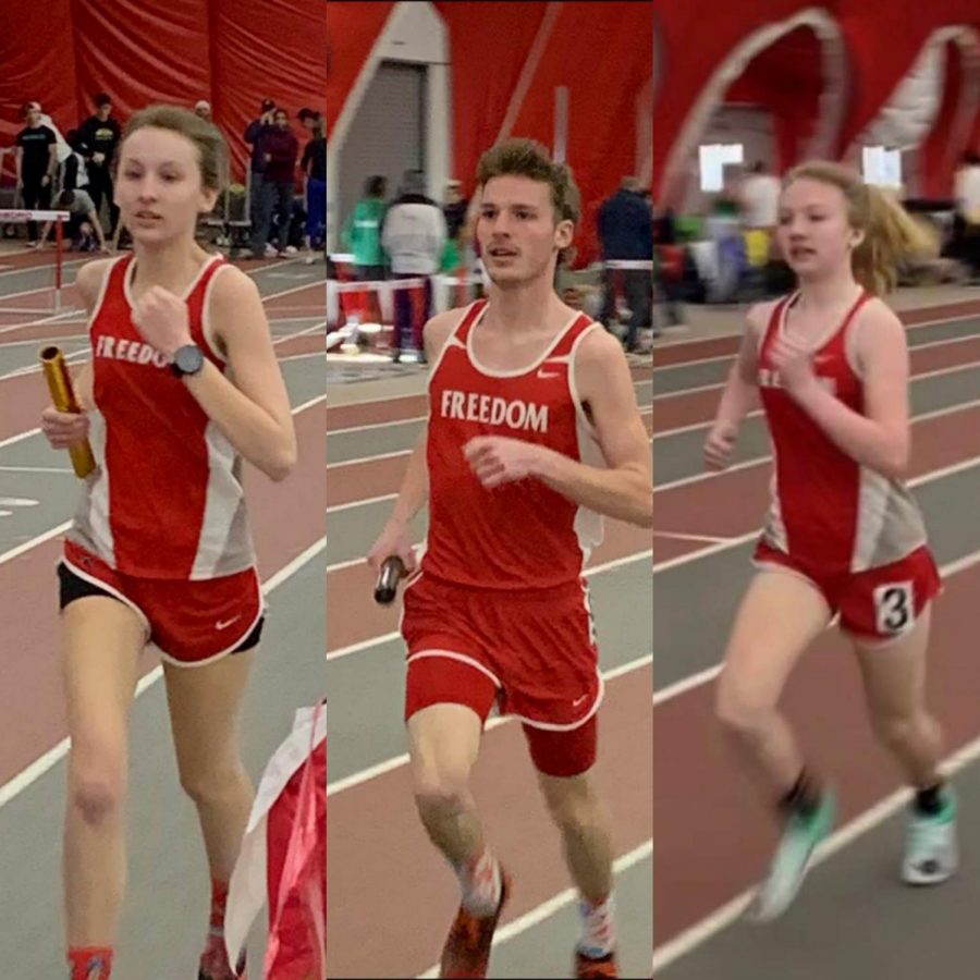 Junior Baylee Roberts, senior Adam Hessler compete in the 4 x 400 events while freshman Finley Paxton runs the mile event at the TSTCA Indoor Track and Field Championship on February 22 at Edinboro University. 