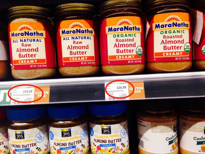 When+comparing+two+different+kinds+of+almond+butter%2C+MaraNatha+organic+roasted+almond+butter%2C+%2419.99+per+container%2C+was+more+expensive+than+the+MaraNatha+all+natural+raw+almond+butter%2C+%2426.99+per+container.