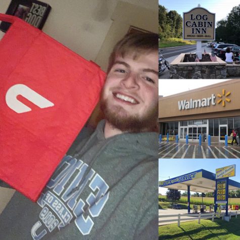 Senior Noah Spanos shows off his DoorDash delivery bag from acquiring the job after his workplace, Urban Air, was closed due to COVID-19. Other businesses pictured also relate to working students during the period of quarantine.