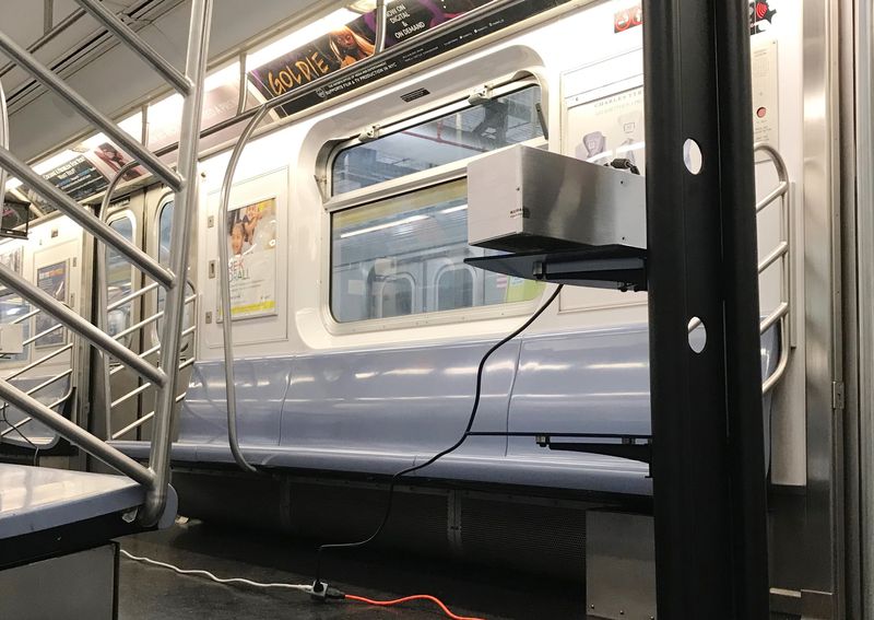 One of many UV-C lamps placed throughout two Metropolitan Transportation Authority rail yards and one bus depot starting on May 11 to help disinfect public transportation systems around New York City.