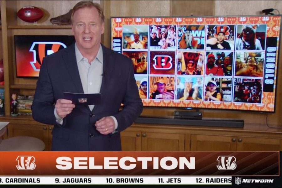 NFL Commissioner Roger Goodell announces the first pick in the 2020 draft from his basement at his home. The Cincinnati Bengals selected Quarterback Joe Burrow from LSU, with the pick. 