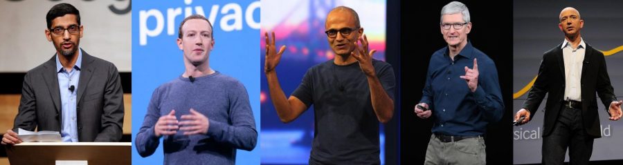 These are the leaders of some of the most powerful companies in the world. Left to right: Sundar Pichai, CEO of Alphabet, Mark Zuckerburg, CEO of Facebook, Satya Nadella, CEO of Microsoft, Tim Cook, CEO of Apple and Jeff Bezos, CEO of Amazon.
