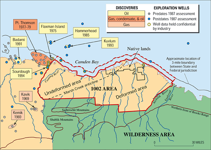 A map of a northern section of the Arctic National Wildlife Refuge reveals a large amount of land where oil is located.