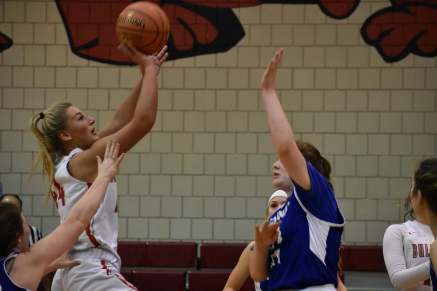 Senior Karissa Mercier jumps up for a shot just before halftime on Jan. 14 against Ellwood City.