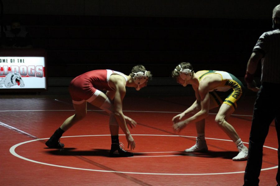 Sophomore+Matthew+Schultheis+prepares+to+take+on+his+opponent+from+Carlynton+on+Feb.+2.