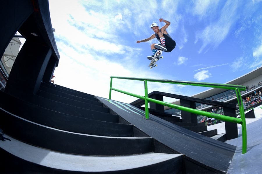 A skateboarder competes in the 2014 X Games, a national skateboarding competition.