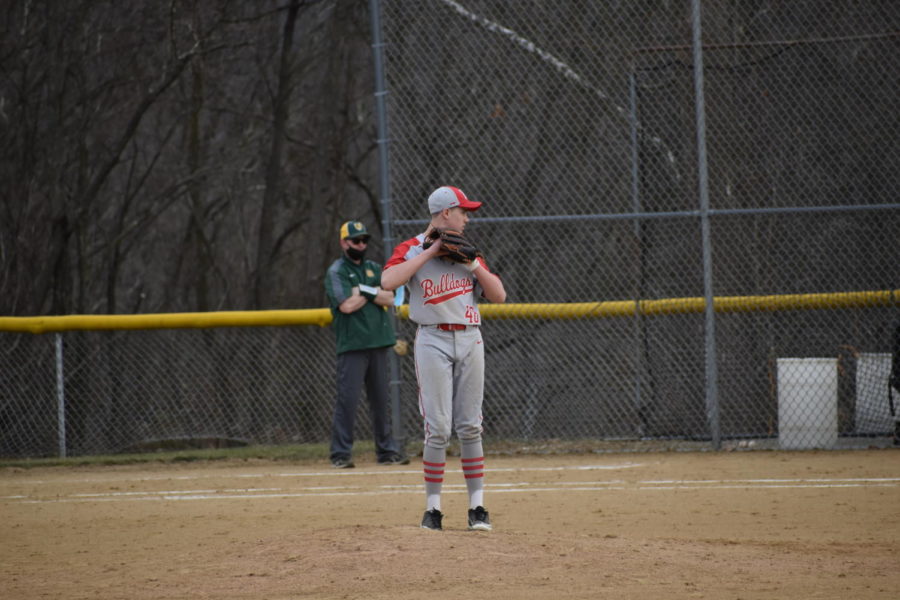 Sophomore Isaac Barry prepares to throw his pitch on March 16 at a scrimmage game against Carlynton.