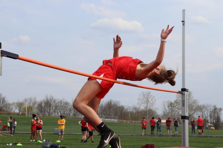 Freshman+Morgan+Keller+clears+the+bar+in+the+high+jump+event+on+April+8+in+a+meet+against+Beaver+Falls+and+Rochester.