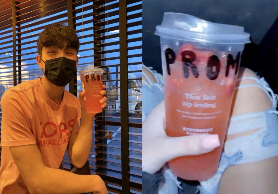 Junior Niko Baker (left) poses with the Starbucks drink (right) that he used to ask freshman Jayda Pawelkoski to prom.