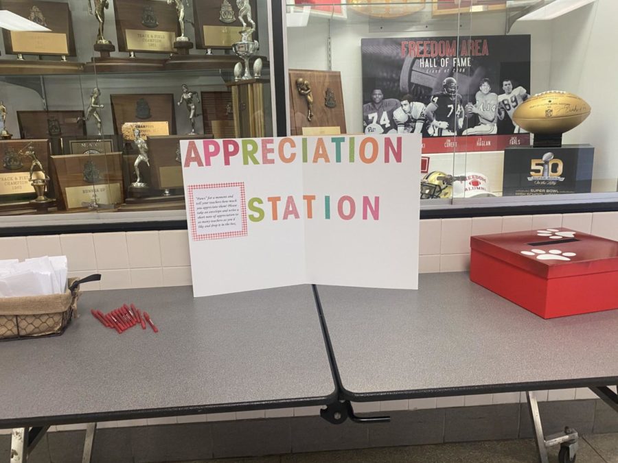 An "Appreciation Station" was set up in front of the cafeteria so students could write nice letters to their teachers.