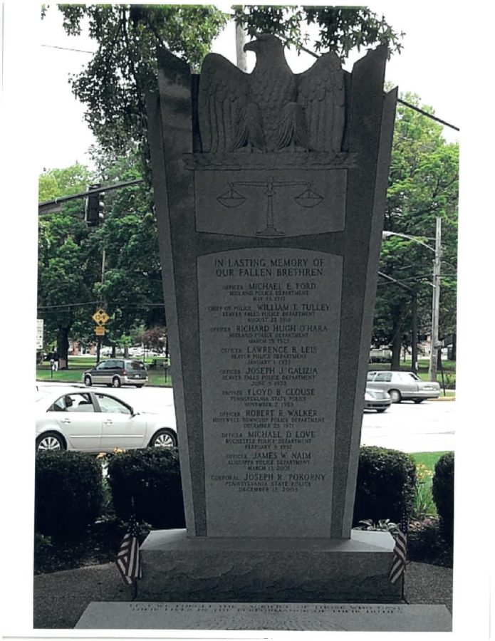 The Fallen Officer Memorial outside the Courthouse stands tall with the names of every fallen officer in Beaver County. 